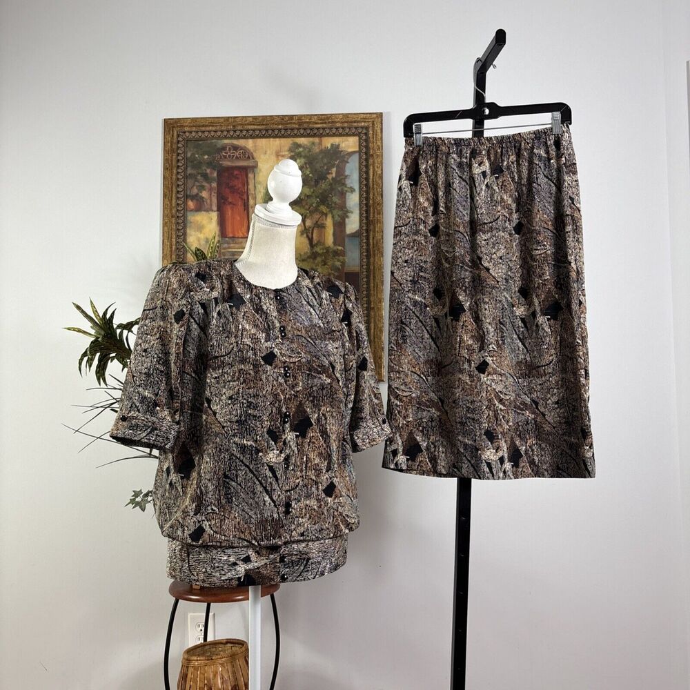 VTG Lady Carol Of New York 2 Piece Skirt & Top Set Women's Sz 12 Brown Lagenlook